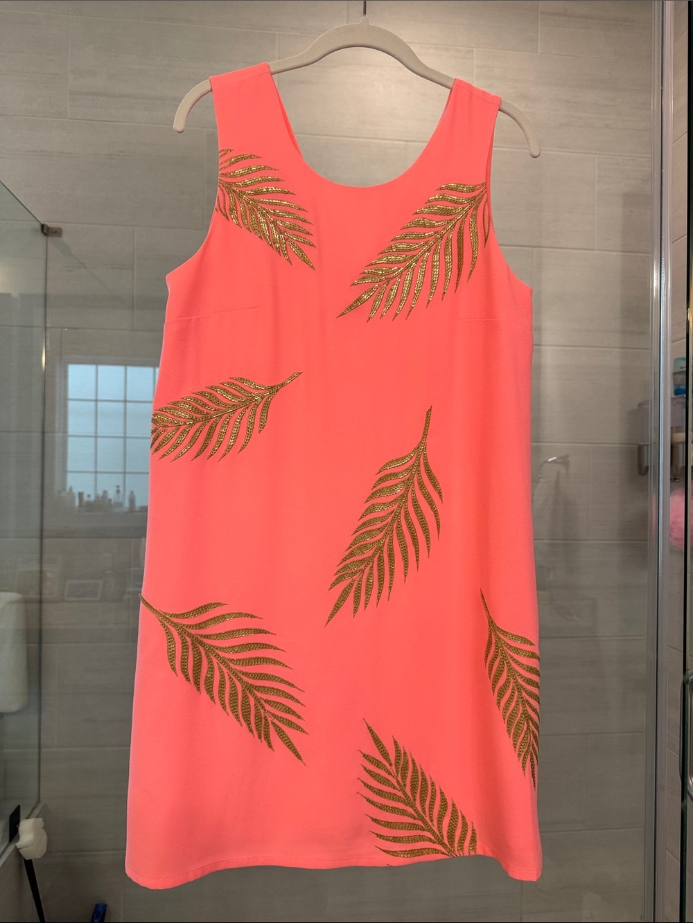 Lilly Pulitzer Coral Eliana Shift Dress with Gold Leaf Motif
